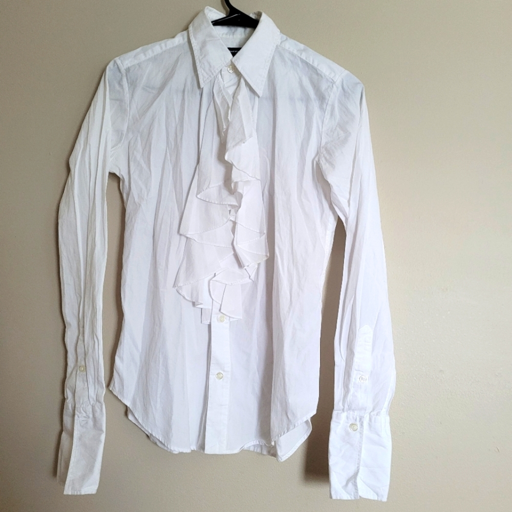 Polo by Ralph Lauren White Ruffle Front Button-Up Blouse